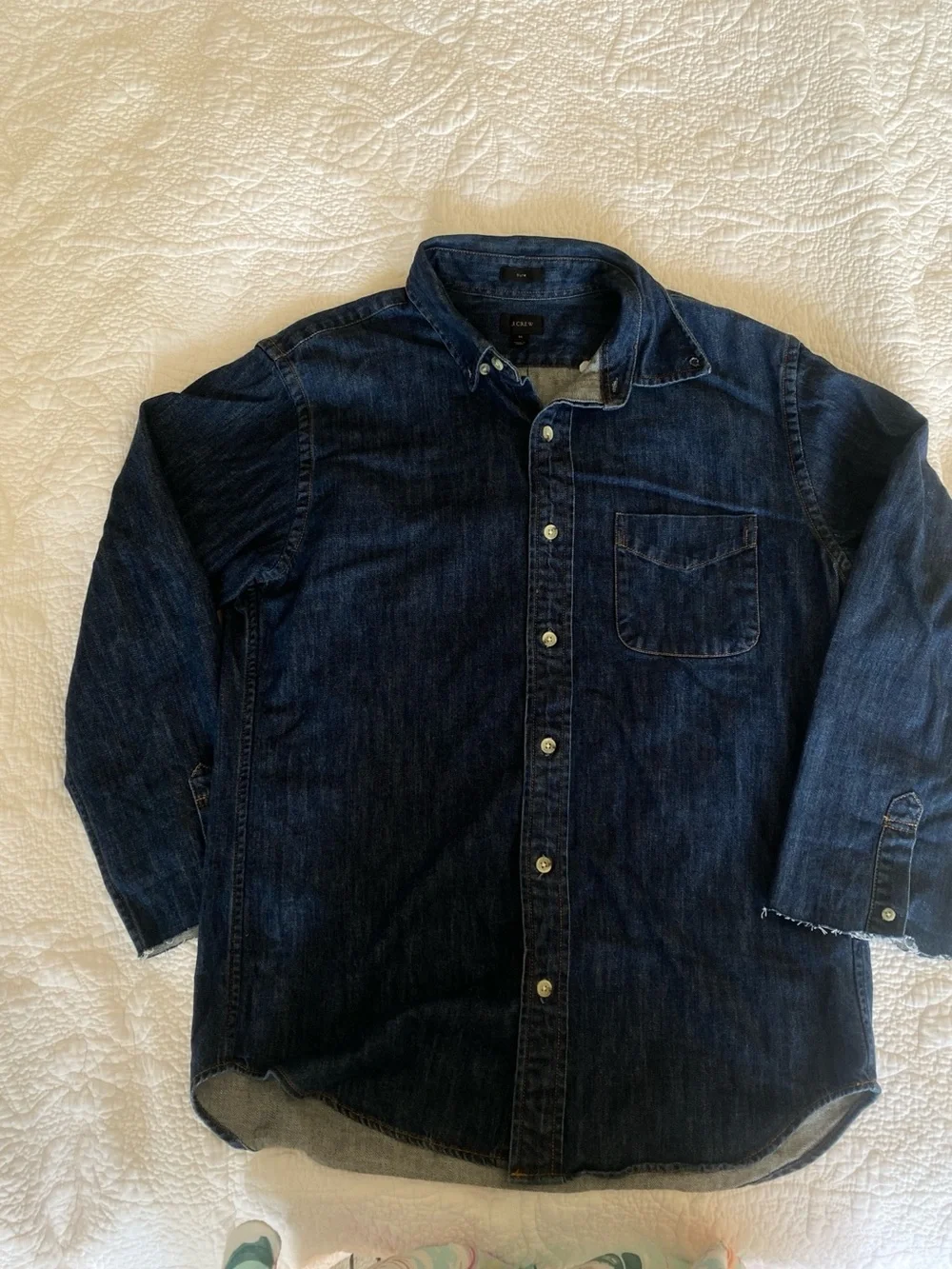 NWOT ORGANIC denim J.Crew Distressed Sleeve Denim Button Down Shirt Dark Wash